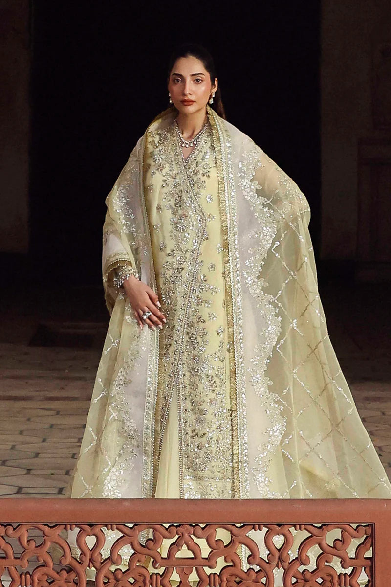 Woman in a traditional embroidered outfit standing in an ornate setting