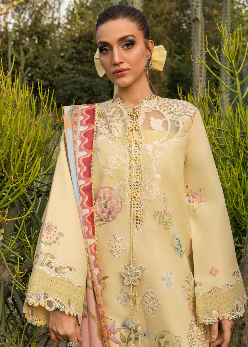 Woman wearing a cream embroidered outfit with a colorful scarf against a natural background