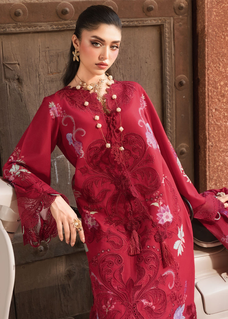 Woman wearing a red embroidered traditional outfit with a wooden door background
