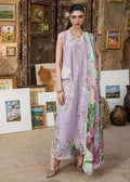 Woman in a floral dress standing in an art gallery with paintings and sculptures.
