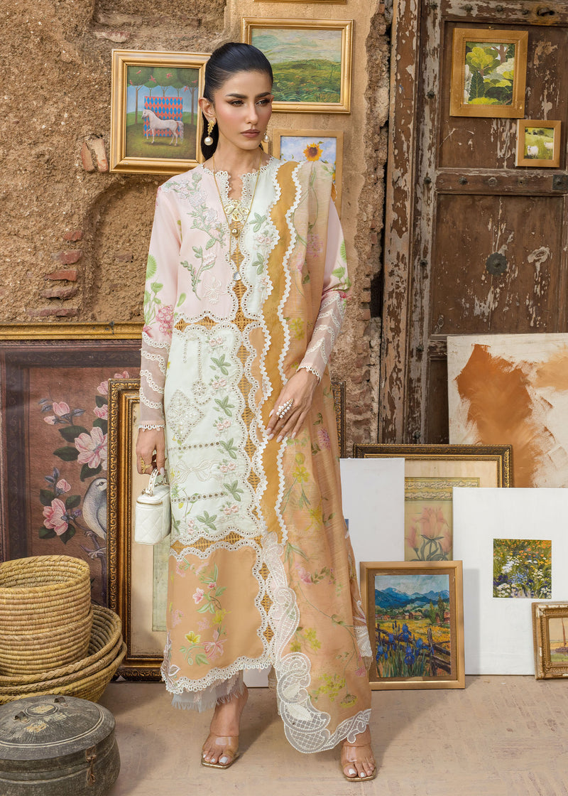 Woman in a floral dress standing in front of an art gallery with various paintings on the wall.