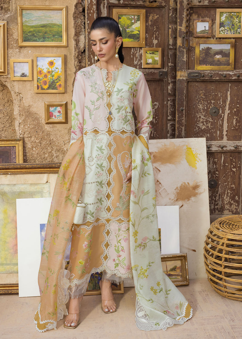 Woman in a floral dress standing in a room with artistic decor