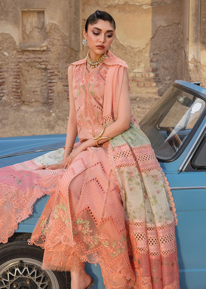 Woman in a traditional outfit sitting on a vintage blue car with a rustic background