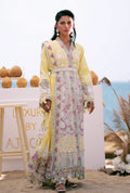 A woman models a long, heavily embroidered traditional dress in a soft pastel palette. The dress features a pale yellow outer layer with floral embroidery, paired with a sheer, light pink and cream inner layer with intricate lace and floral patterns.