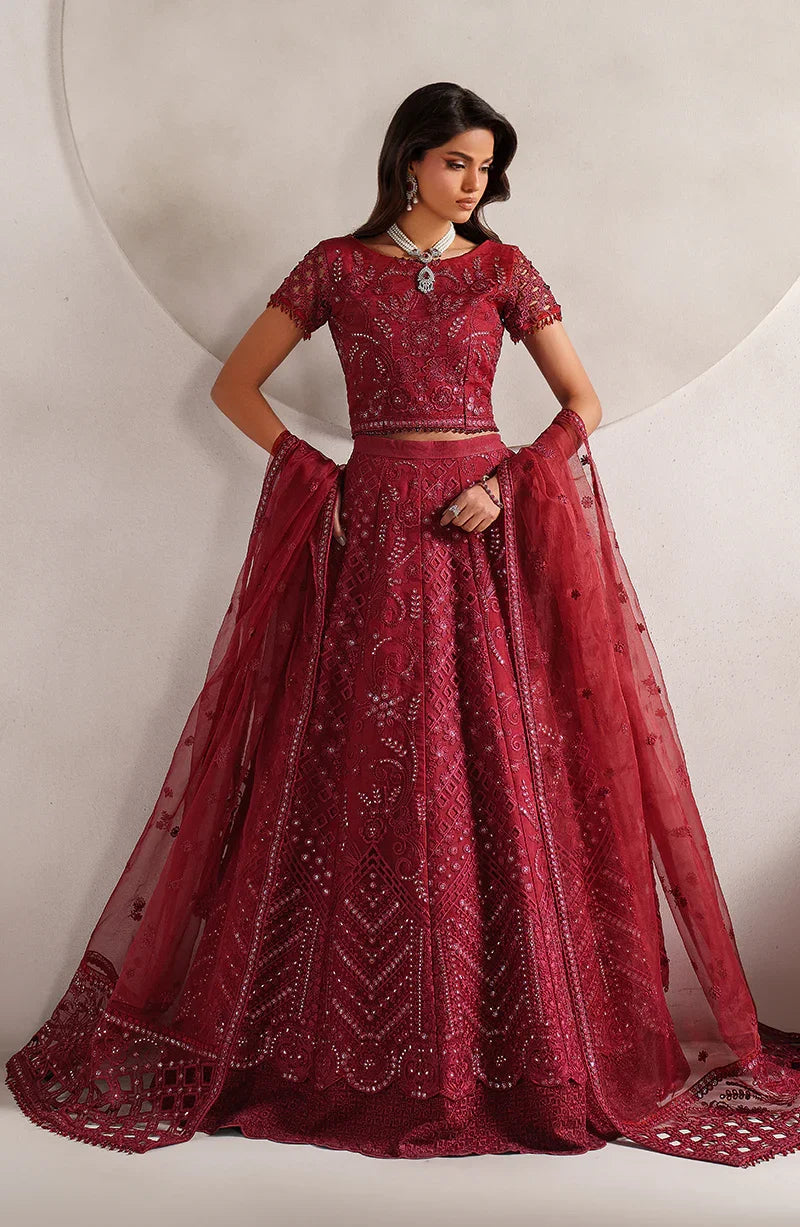 Red embroidered traditional outfit on a plain background