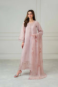 A woman models a light pink traditional outfit consisting of a long kurta with floral embroidery, matching flared sleeves, and a sheer dupatta draped over one arm, set against a neutral studio background.
