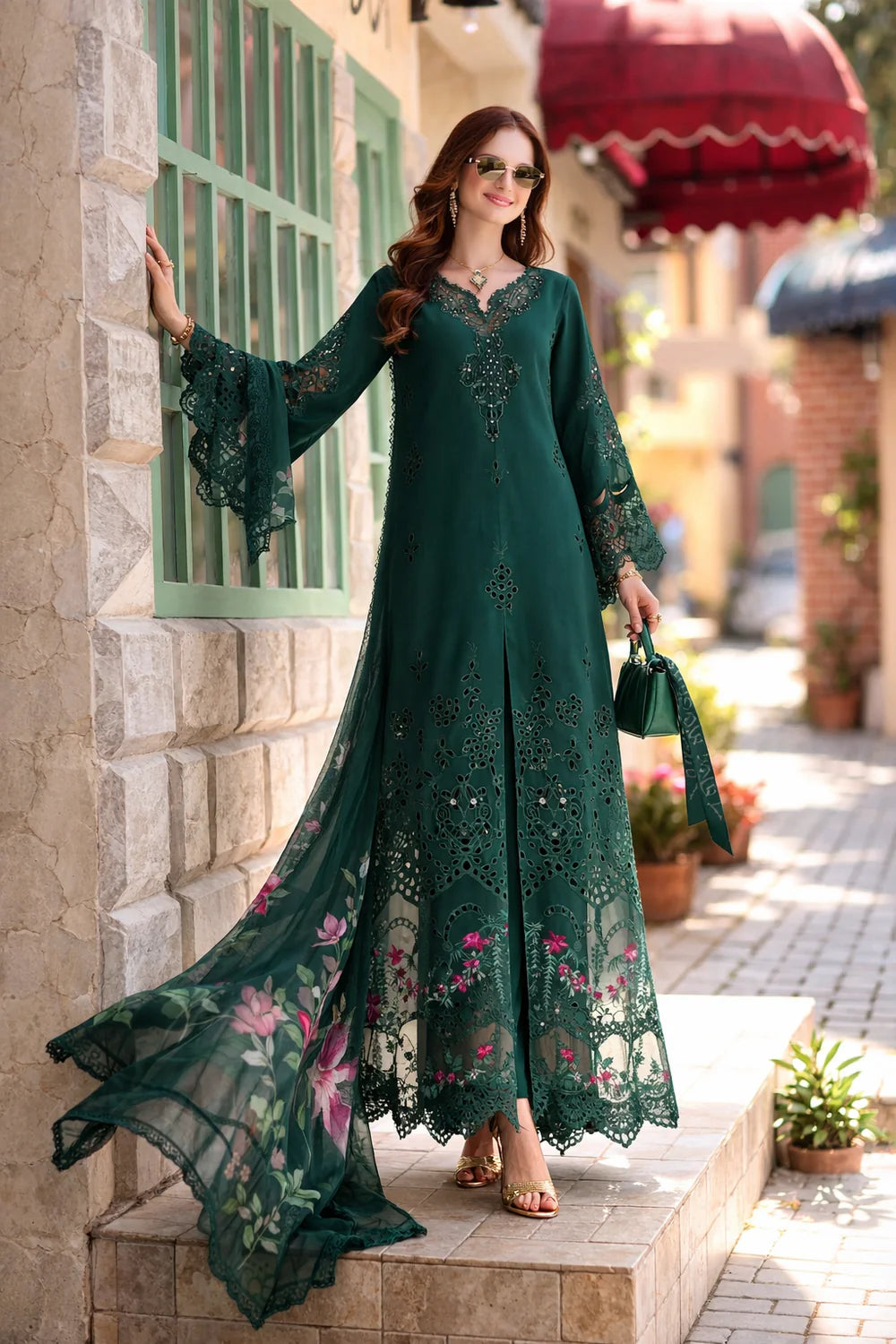 A woman wearing a long, dark green embroidered lace dress with floral patterns and sheer bell sleeves, standing on stone steps in an outdoor street setting.