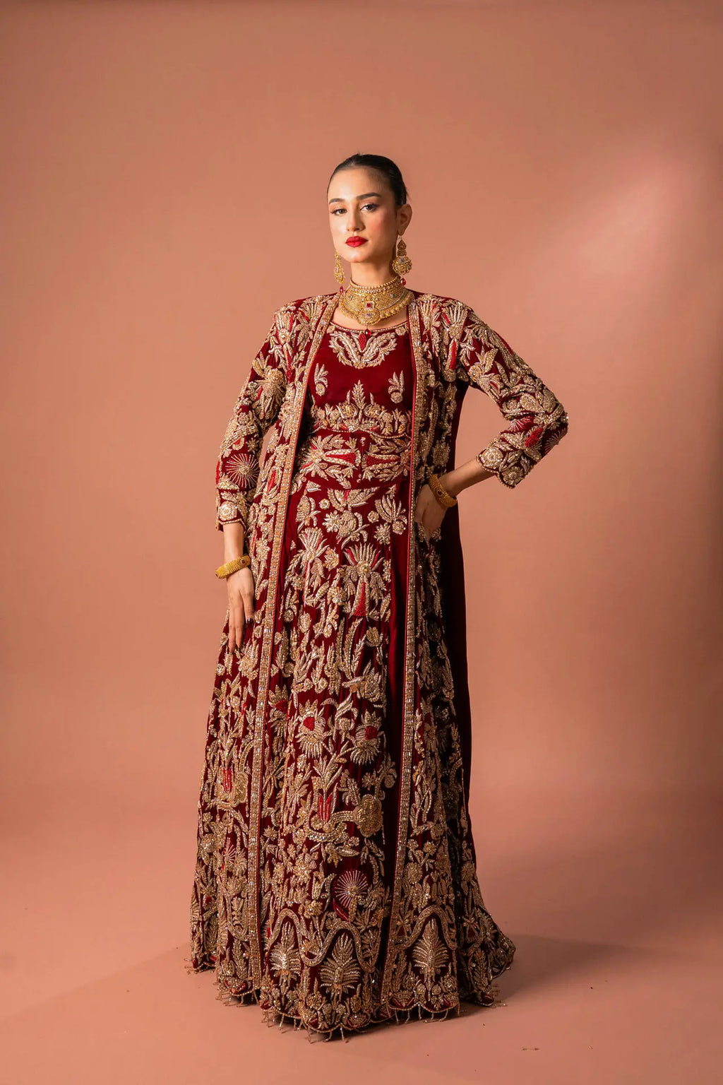 RED COAT STYLE VELVET LEHNGA SET