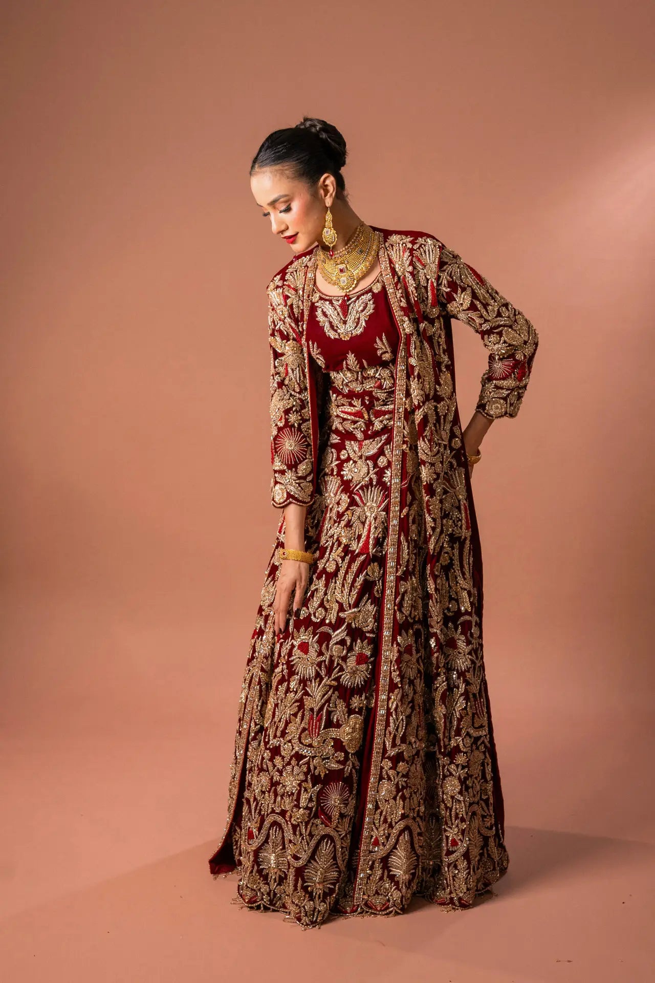 RED COAT STYLE VELVET LEHNGA SET