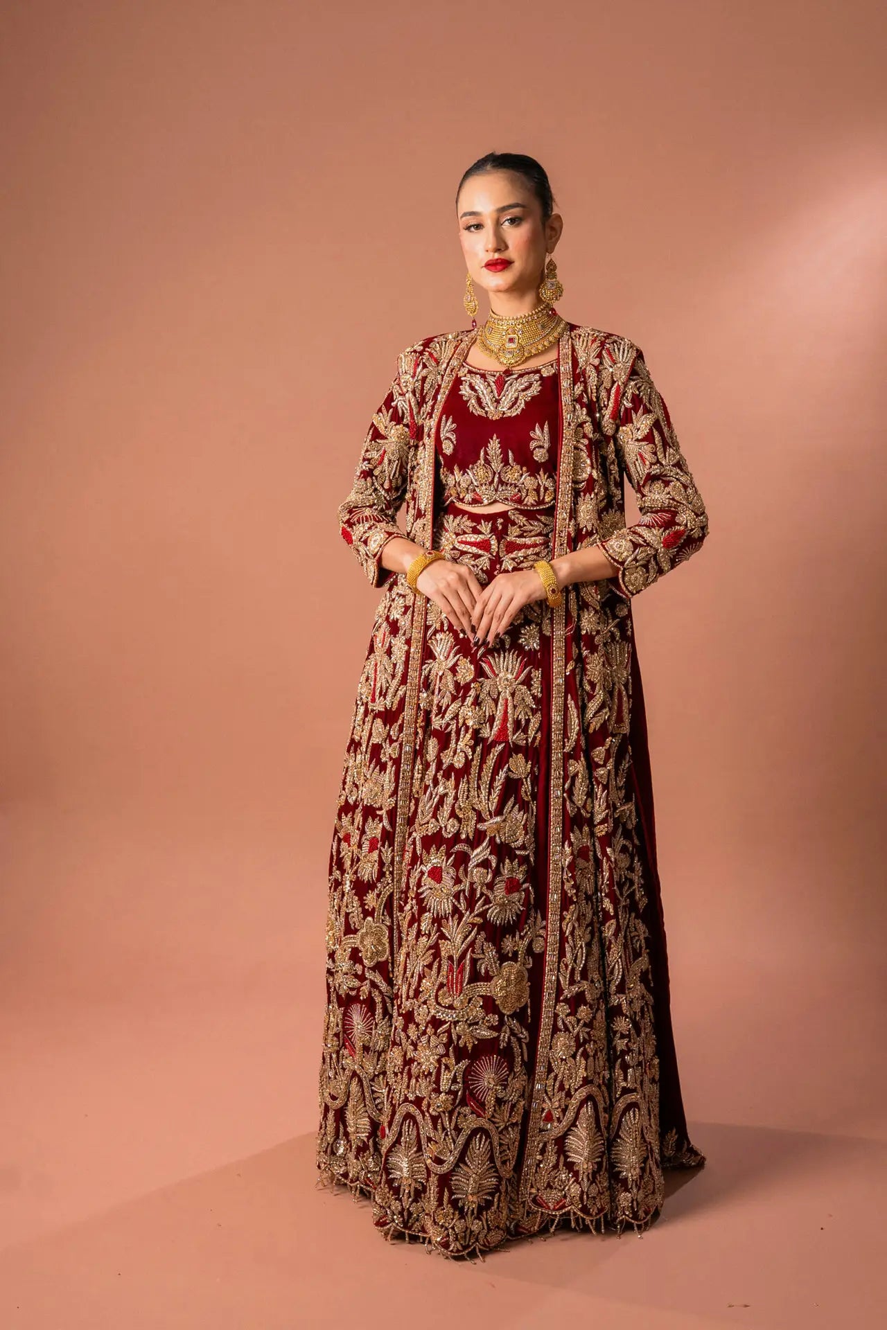 RED COAT STYLE VELVET LEHNGA SET