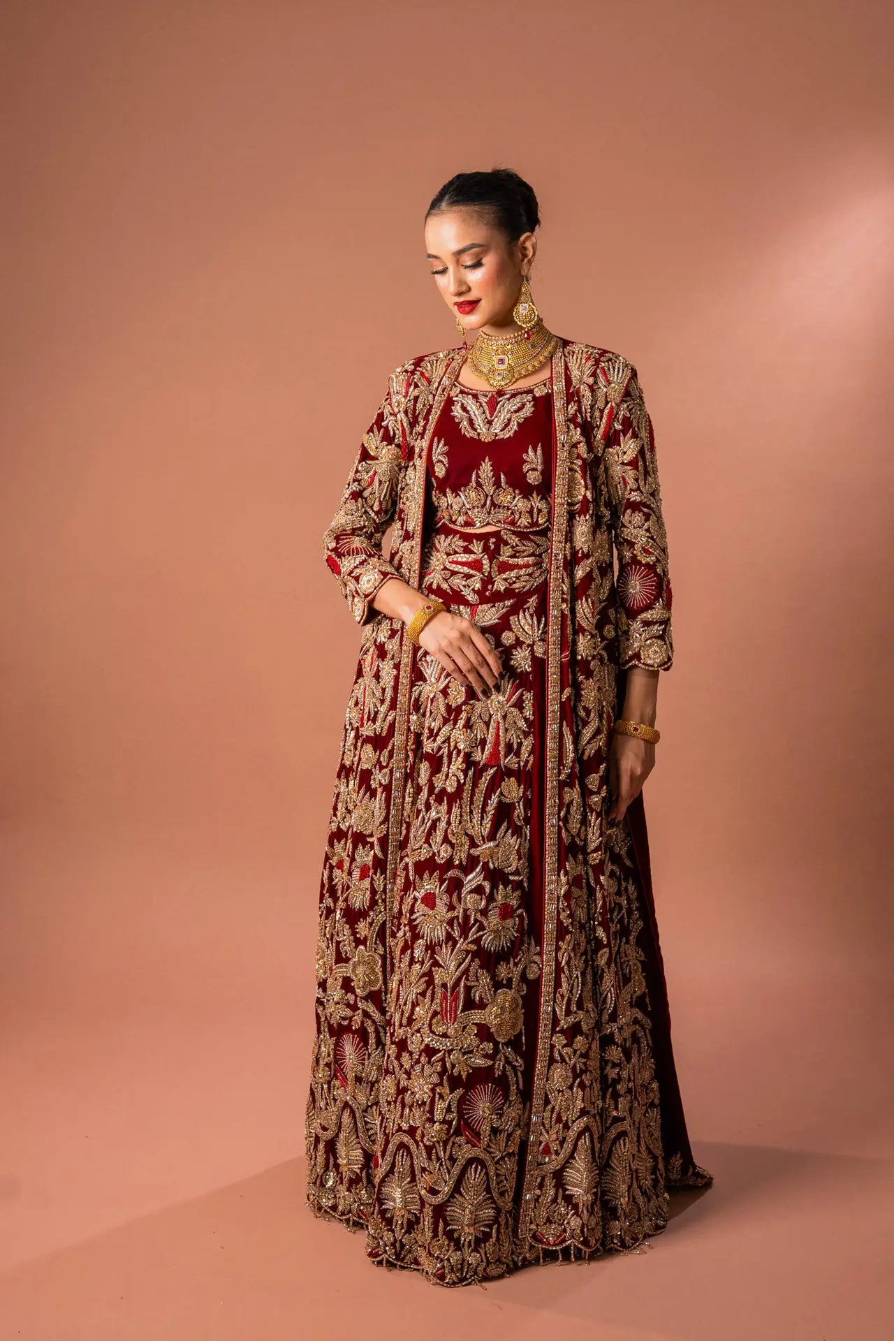 RED COAT STYLE VELVET LEHNGA SET