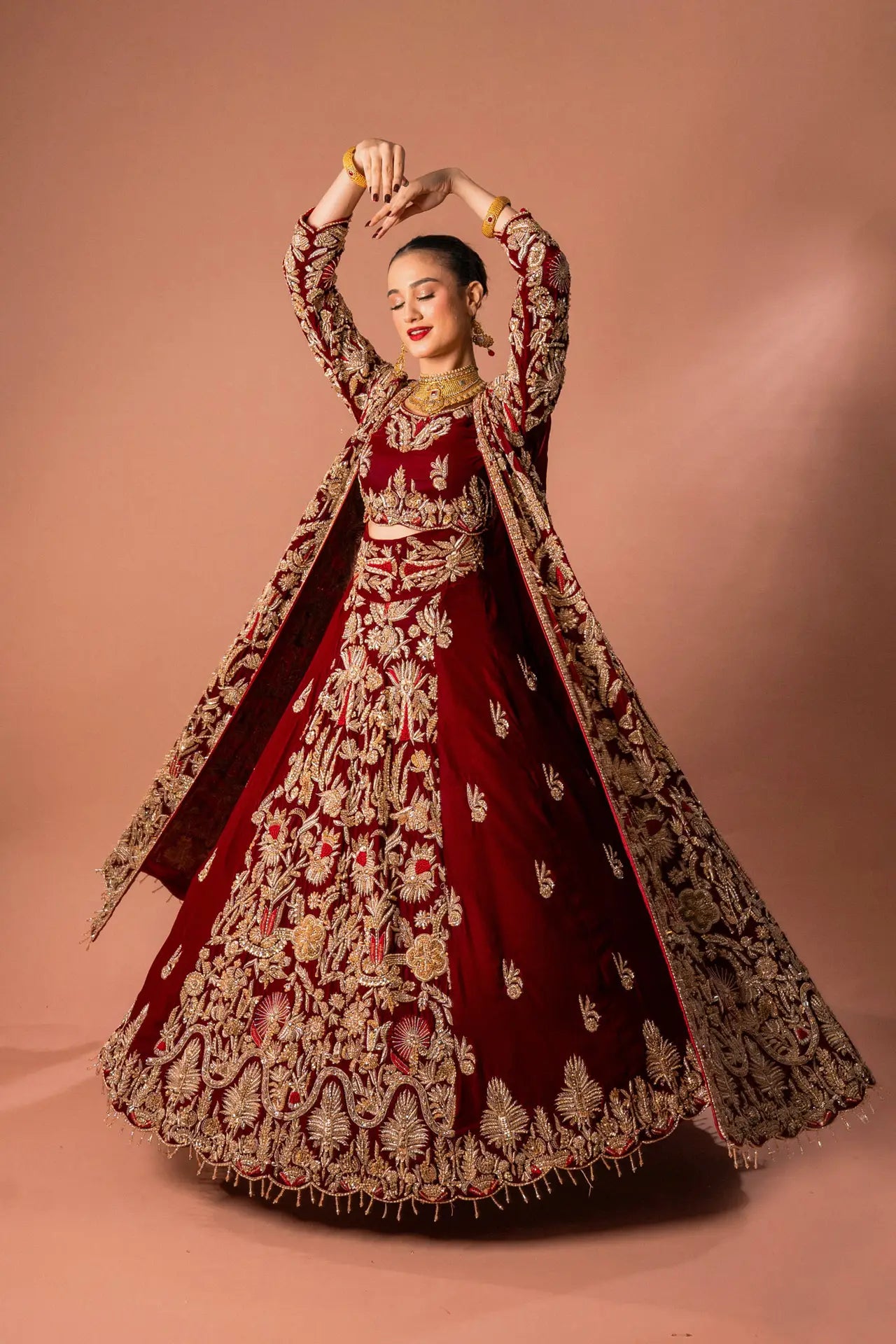 RED COAT STYLE VELVET LEHNGA SET