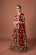 A woman wearing a traditional red lehnga set with detailed gold, silver, and multicolor embroidery, including a net dupatta and a blouse.