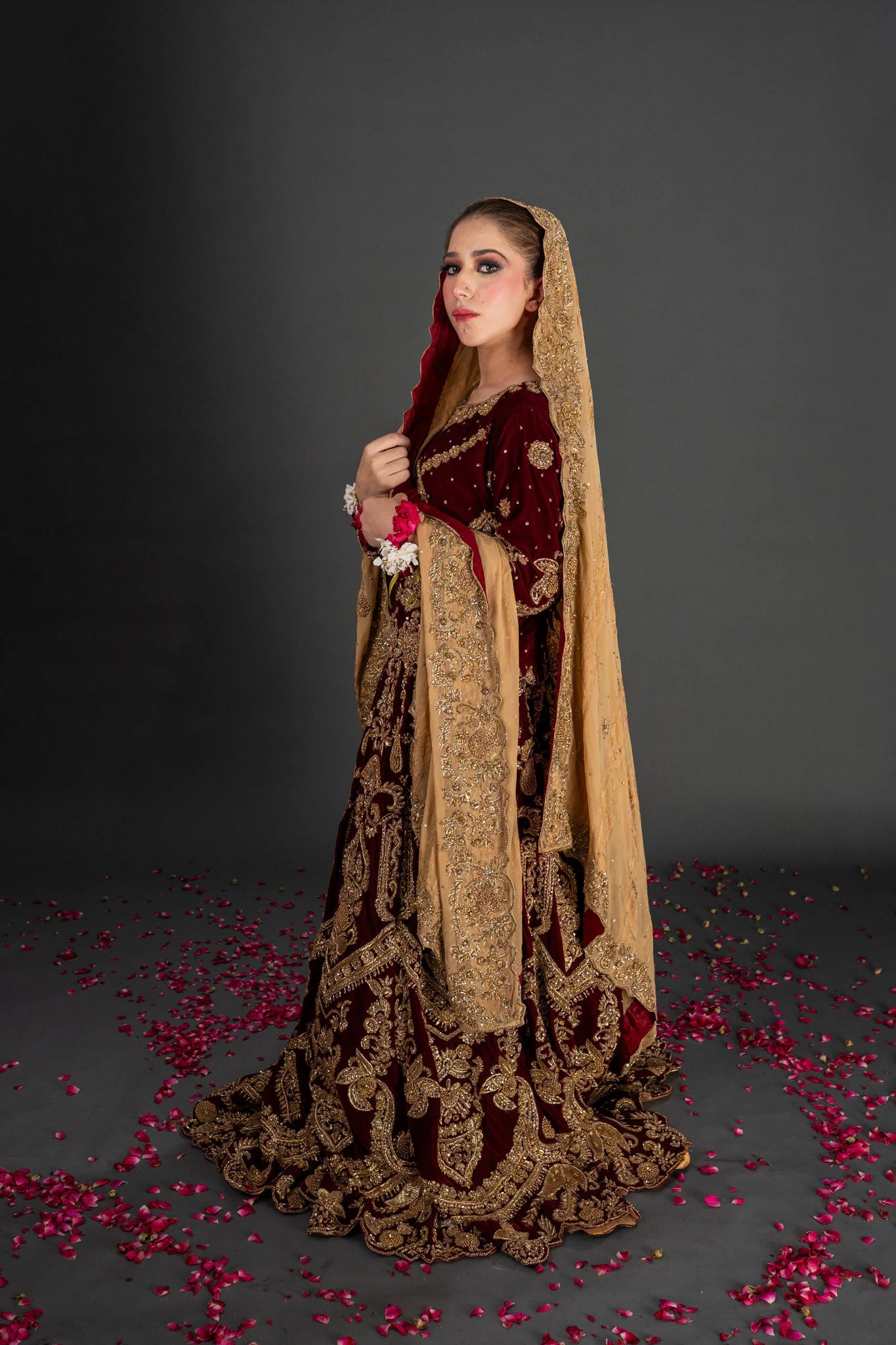 MAROON VELVET BLOUSE LEHNGA SET