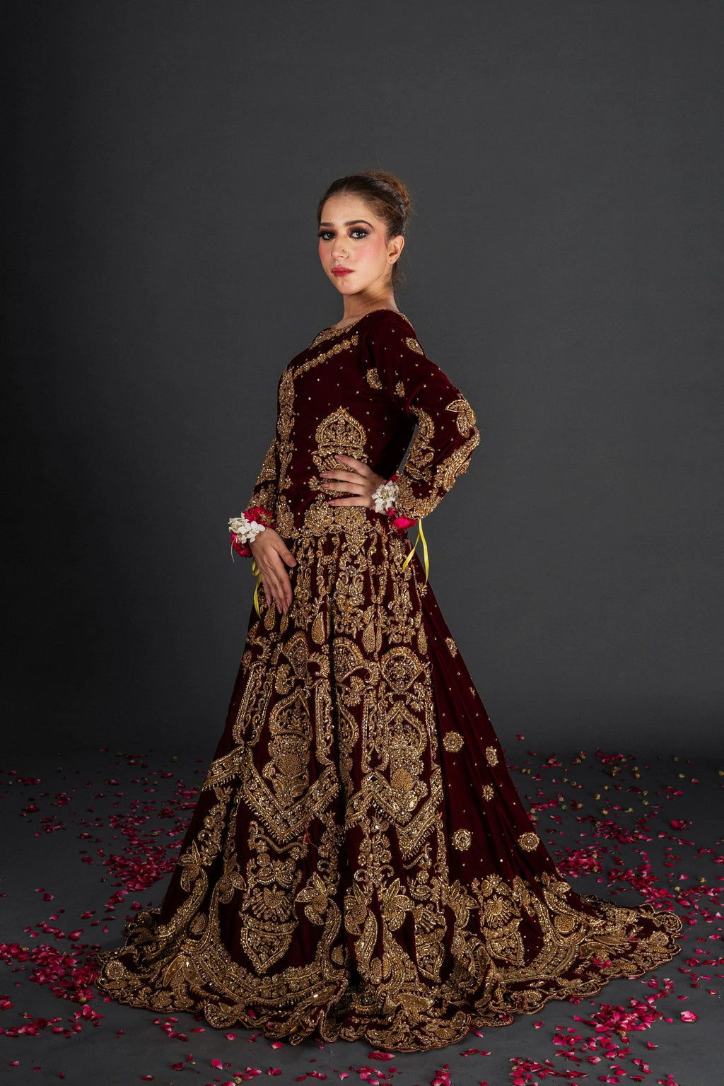 MAROON VELVET BLOUSE LEHNGA SET