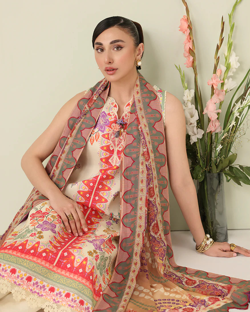 Woman wearing a colorful patterned scarf with flowers in the background
