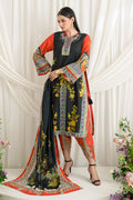 Woman wearing a traditional outfit with floral patterns and a black background