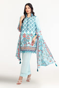 Woman wearing a light blue embroidered outfit with a matching dupatta on a white background