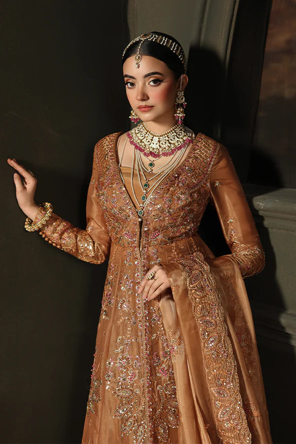 Woman in an ornate traditional outfit with jewelry against a dark background