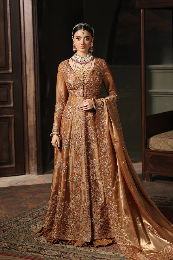 Woman in a traditional brown embroidered outfit standing in an indoor setting.
