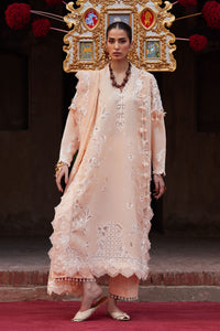 Woman in a traditional outfit with intricate embroidery and jewelry, standing on a red carpet.