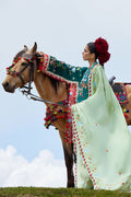 Woman in traditional attire standing next to a decorated horse against a clear sky.