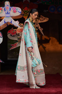 Woman in traditional outfit with floral patterns against a decorative background