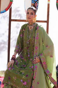 Woman in a green traditional outfit with floral patterns outdoors.