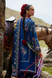 Woman in traditional embroidered outfit standing next to a horse in a natural setting