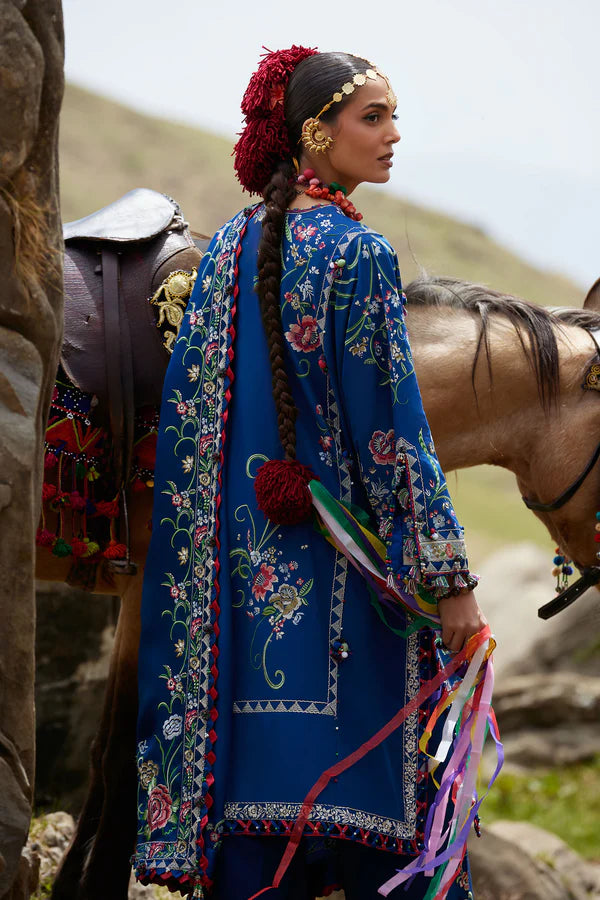 Woman in traditional embroidered outfit standing next to a horse in a natural setting