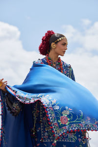 Woman in traditional attire with a blue embroidered fabric against a cloudy sky