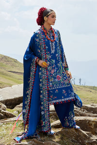 Woman in a blue embroidered outfit standing on rocky terrain with a scenic background