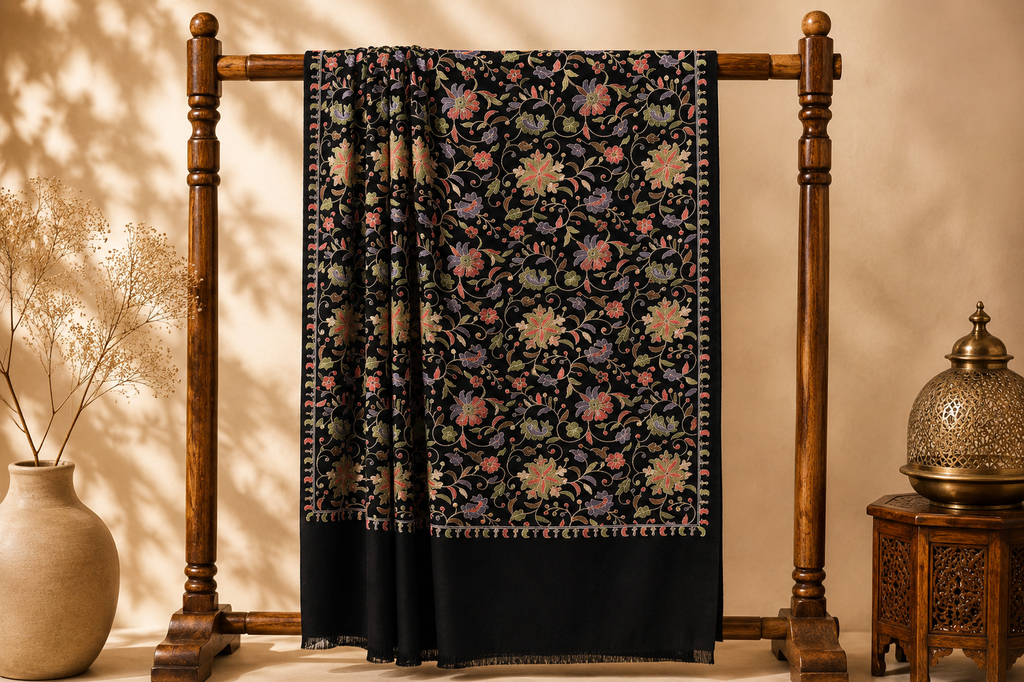 Floral patterned fabric draped over a wooden stand with a warm background