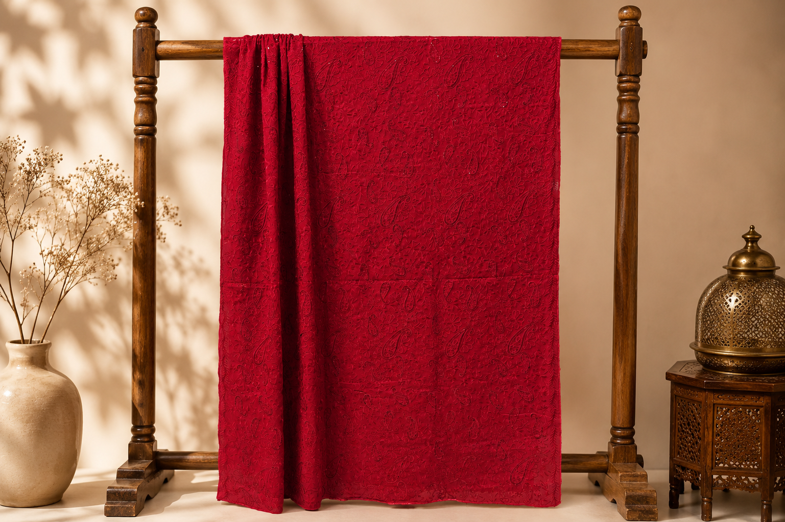 Red towel draped over a wooden towel rack with decorative elements in the background.