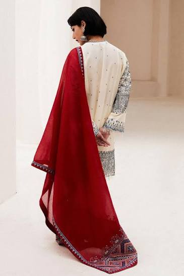 Woman wearing a white embroidered blouse with a red dupatta in a minimalistic setting