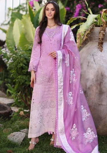 Woman in a pink traditional outfit with floral patterns standing outdoors.