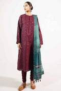 A woman modeling a traditional three-piece outfit consisting of a long-sleeved maroon embroidered kurta, matching maroon pants, and a teal-green patterned dupatta, set against a plain white studio background.