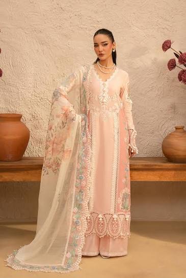 A woman models a traditional light pink ethnic outfit with intricate white embroidery and a matching sheer white dupatta featuring floral prints, set against a rustic beige wall with terracotta pots.