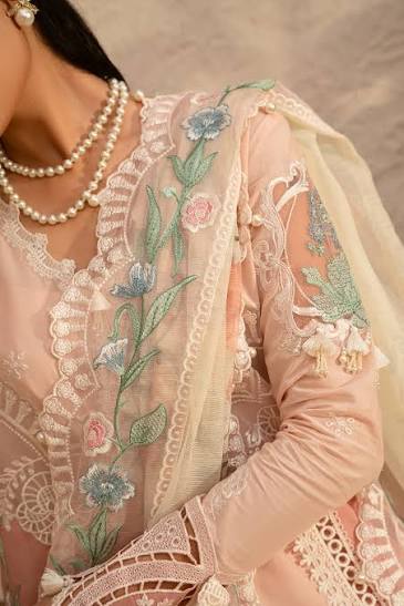 A close-up of a model wearing a light peach-pink traditional embroidered outfit with a matching sheer dupatta. The outfit features intricate floral embroidery in shades of green, blue, and pink, detailed with white lace borders and tassel embellishments.