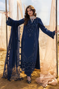 Woman in a blue embroidered dress standing in front of sheer curtains with a desert landscape in the background.