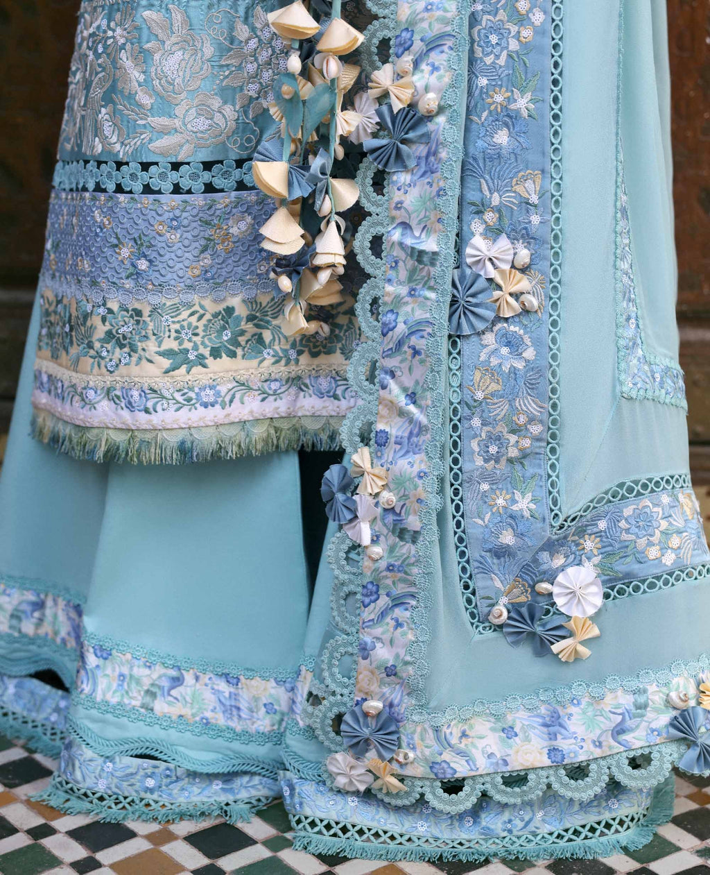 Close-up of a light blue embroidered fabric with intricate patterns and floral designs.