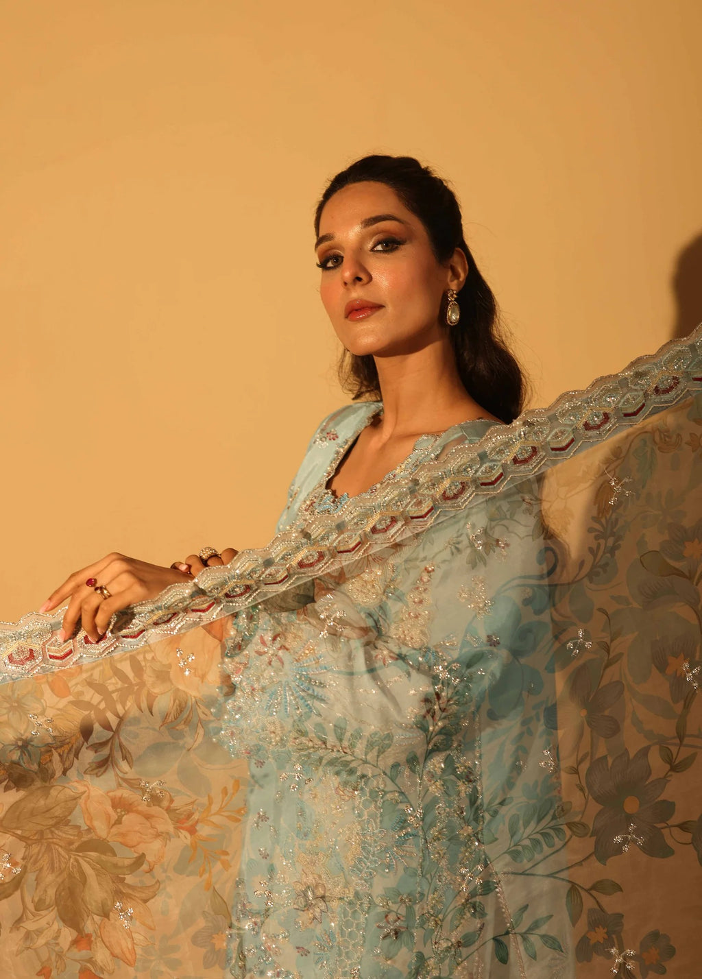 Woman wearing a light blue embroidered saree against a beige background