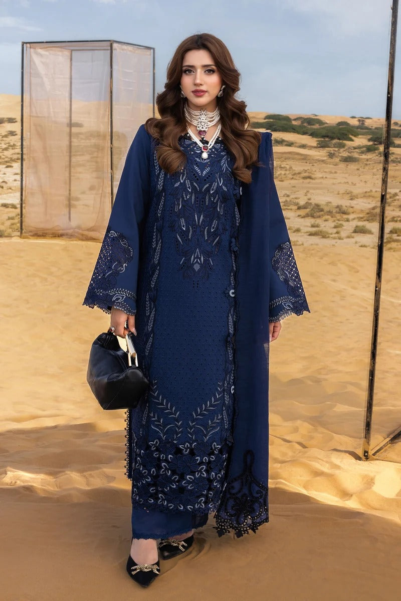 Woman in a blue embroidered outfit standing in a desert setting