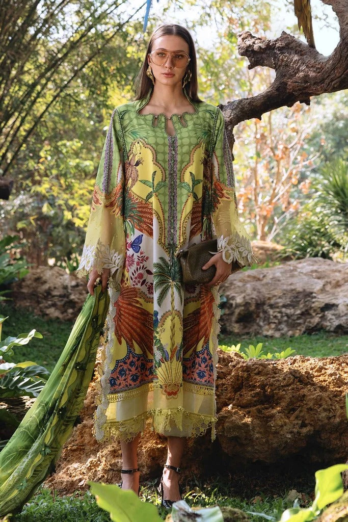Woman in a colorful dress standing in a natural setting