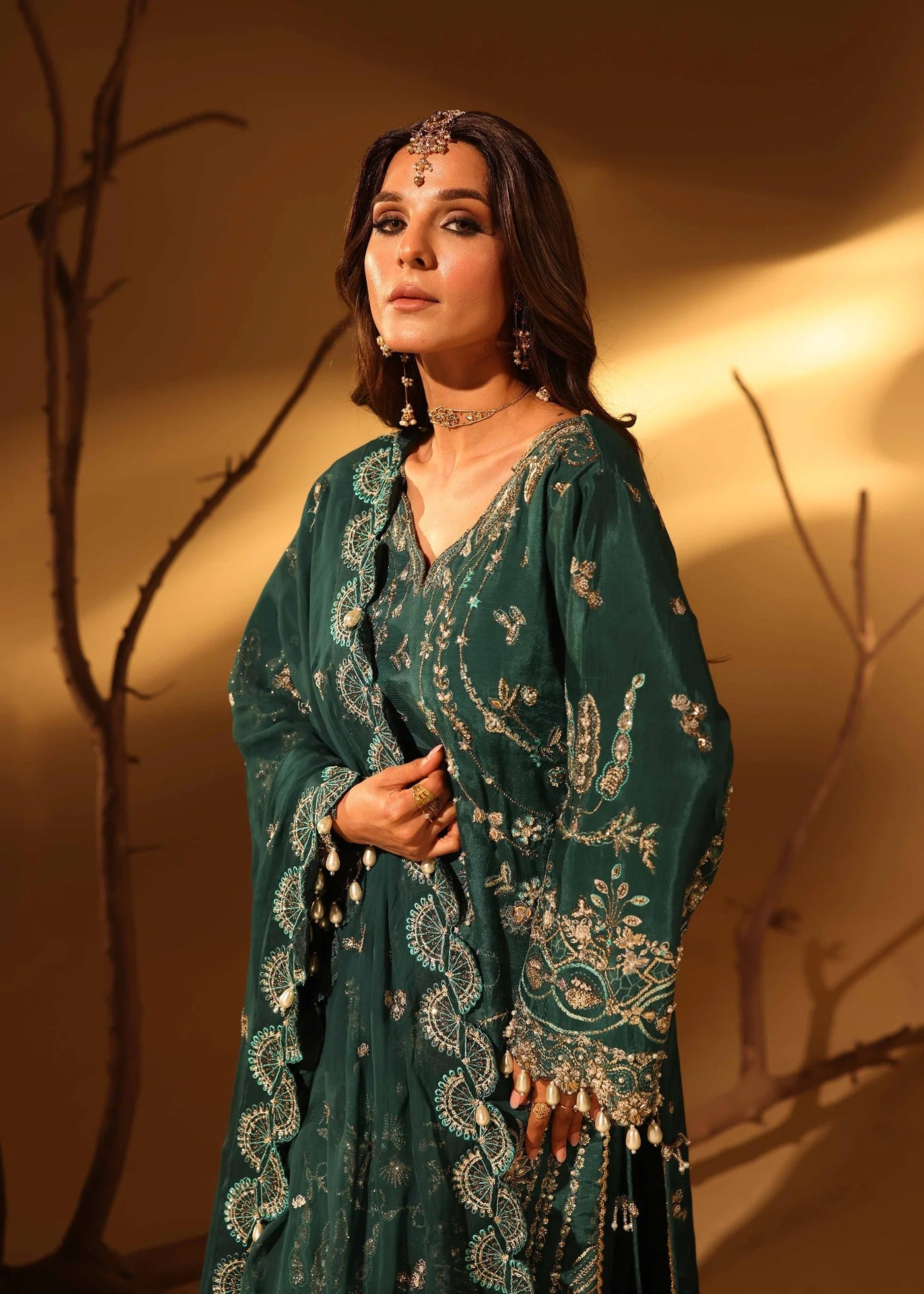 Woman in a green embroidered traditional outfit against a warm-toned background
