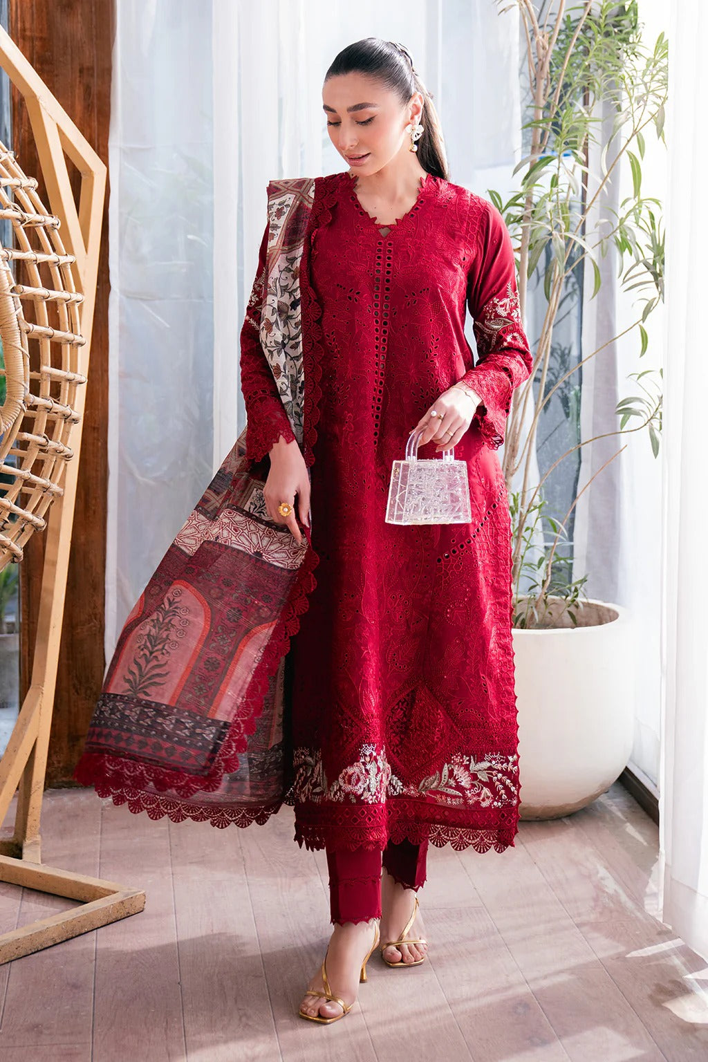 LAWN - NEESHAY - UNSTICHED - SCARLET