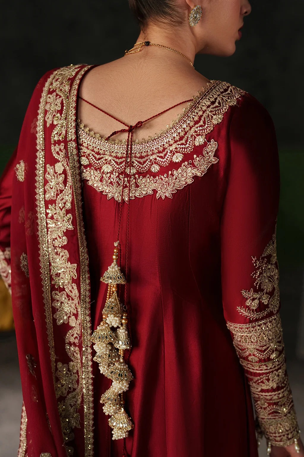 A close-up back view of a woman wearing a deep red traditional outfit with extensive gold embroidery, featuring a decorated neckline, sleeve cuffs, and a matching embroidered dupatta.