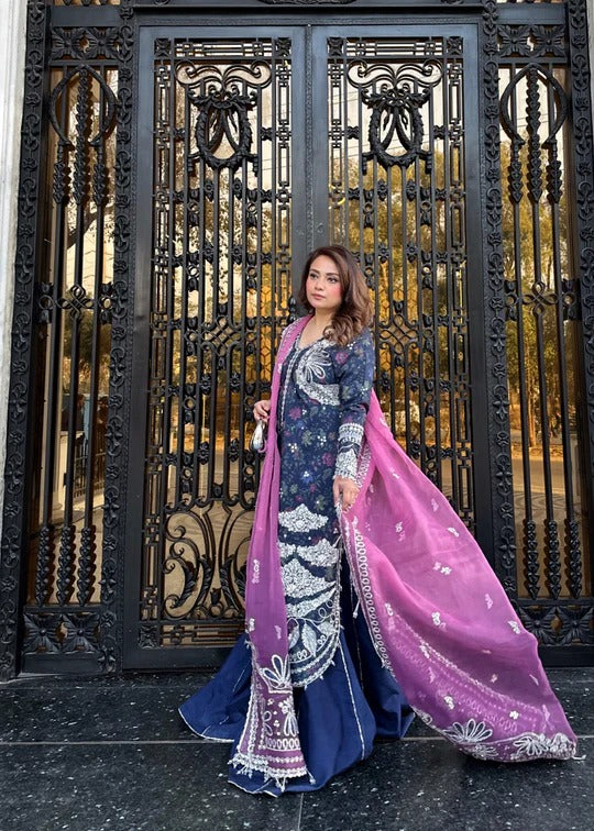 Woman in a blue and pink traditional outfit standing in front of an ornate black gate.