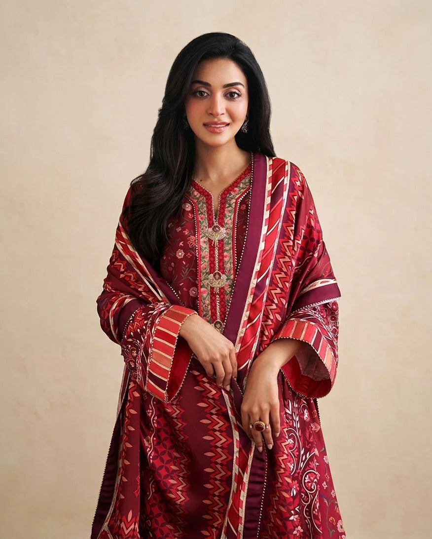 A woman modeling a traditional red and gold printed ethnic kurta set with a matching dupatta against a warm beige background.
