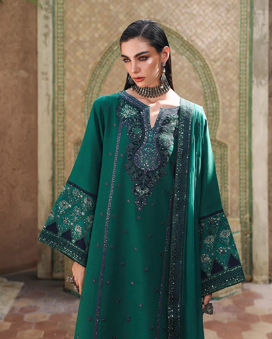 A woman models a deep green traditional embroidered dress with ornate dark blue and silver embroidery on the chest, borders, and wide sleeves, set against an arched architectural background.